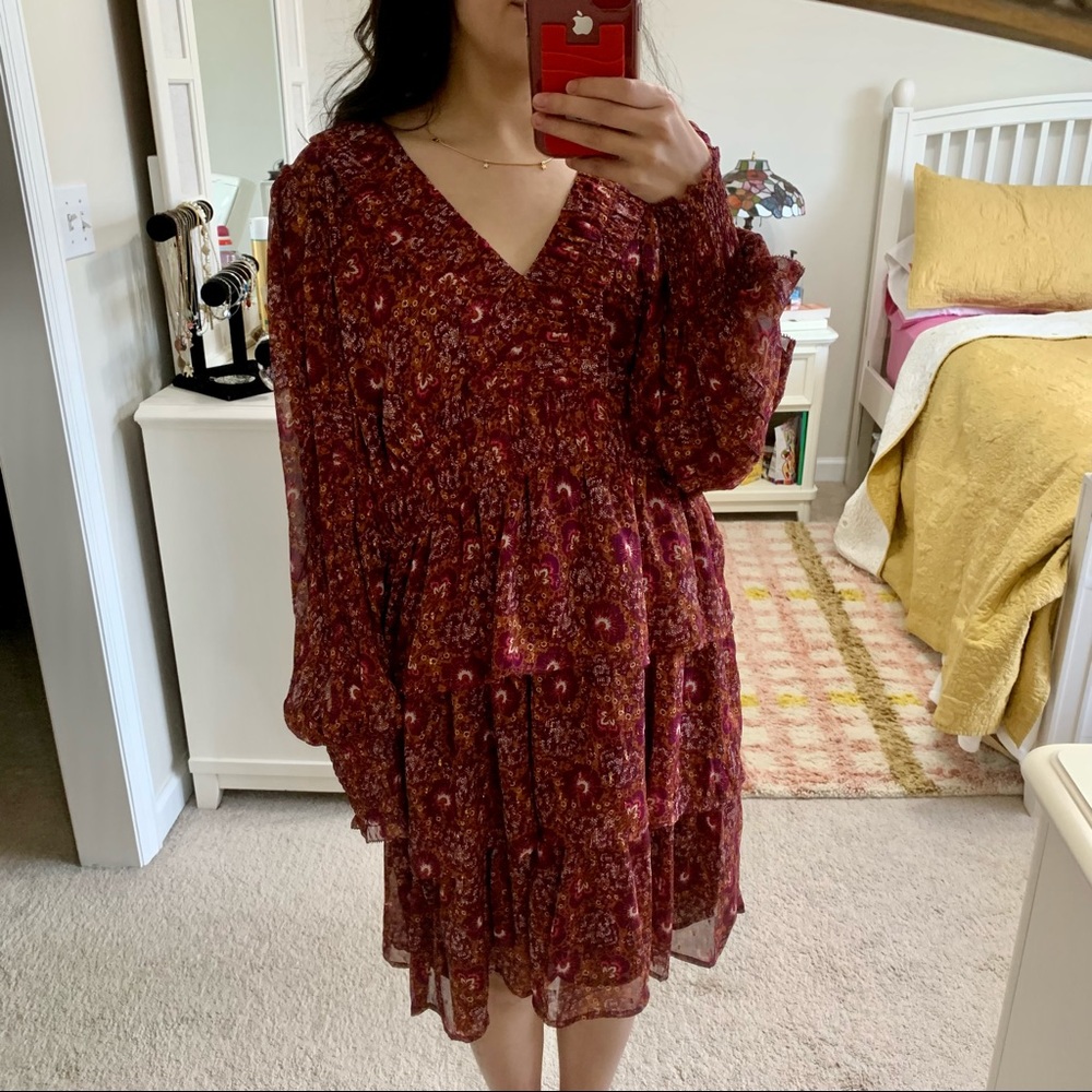 House of Harlow Dress NWT 12 Mini Long Sleeve VNeck Floral Ruffle Red Tiered